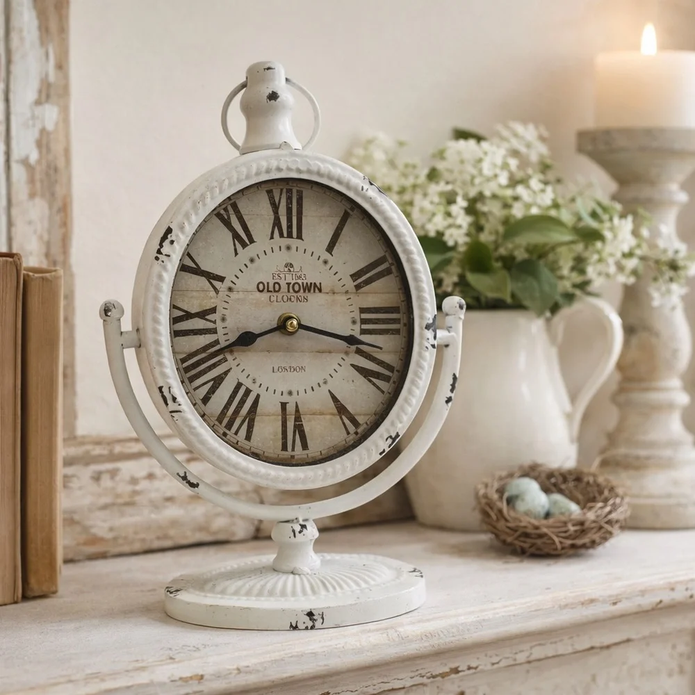 White Metal Table Clock Roman